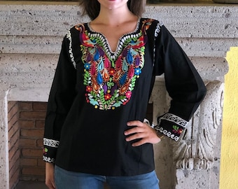 Mexican blouse, hand embroidered mexican blouse, ethnic blouse, blanket blouse, embroidered peacock blouse, 3/4 sleeve blouse.