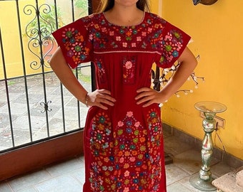 Abito messicano lungo maxi, abito messicano ricamato a mano, abito floreale messicano, abito etnico, abito floreale messicano.