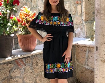 Mexican floral dress, peasant dress, strapless dress,  embroidered dress, floral dress, ethnic dress, embroidered dress with silk thread.