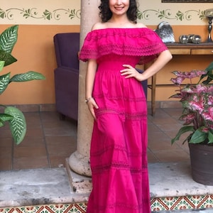 Traditional Mexican long dress, Mexican long dress, peasant dress, strapless dress, ethnic dress. Rosa