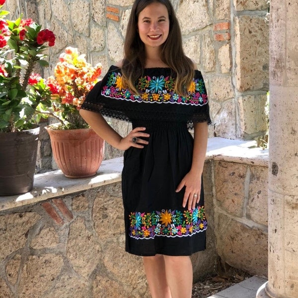 Mexican floral dress, peasant dress, strapless dress,  embroidered dress, floral dress, ethnic dress, embroidered dress with silk thread.