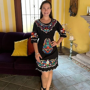 Mexican floral dress, embroidered mexican dress, ethnic dress, embroidered dress with  bright colors.