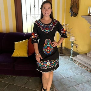 Mexican floral dress, embroidered mexican dress, ethnic dress, embroidered dress with  bright colors.