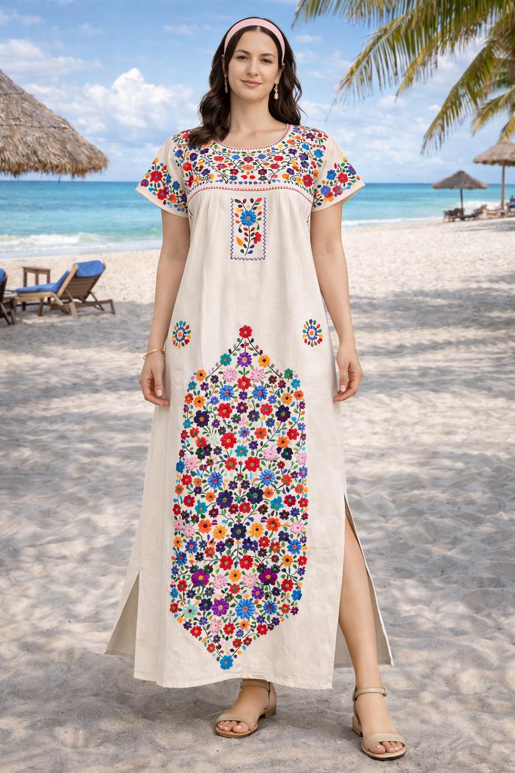 ハンドメイド刺繍マキシドレス：メキシカンフローラルボヘミアン