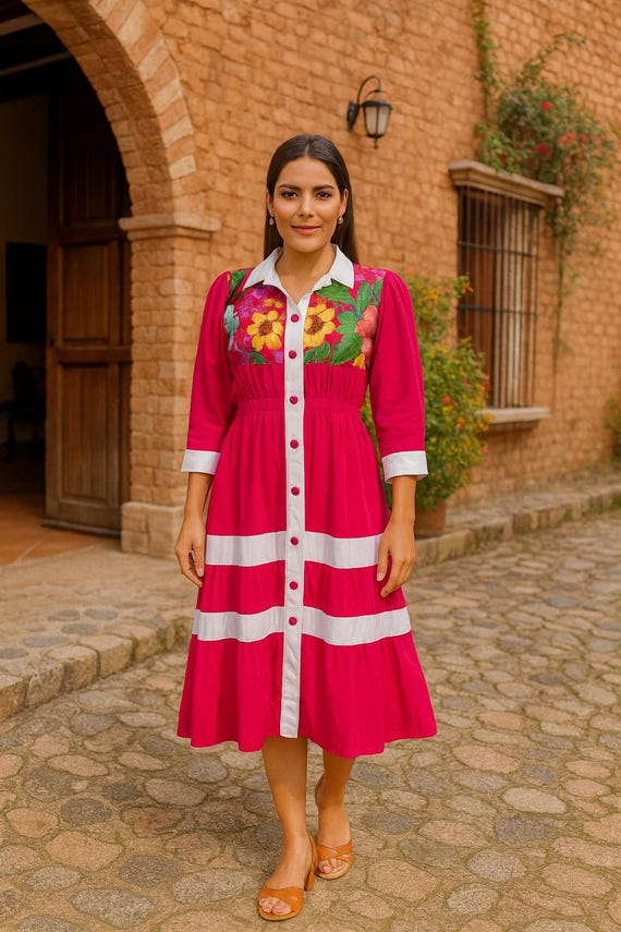 Handmade Two-tone Mexican Dress  Otomi Embroidery  Belted Shirt Dress   Rayon  One Size L/XL - Etsy Israel