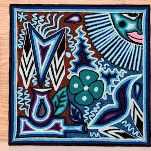 Huichol yarn painting 12 X 12 inches (30 X 30 cms), Huichol Thread Painting - Handmade Mexican Art with a Detailed History.