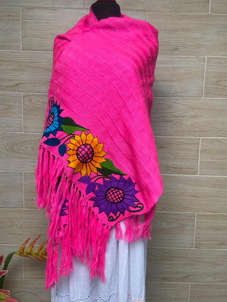 Floral Embroidered Shawl, mexican shawl, mexican scarf, embroidered mexican rebozo, elegant scarf, evening wrap, beautiful gift. Pink