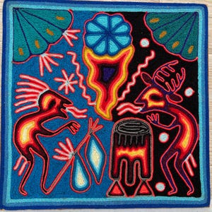 Huichol yarn painting 12 X 12 inches (30 X 30 cms), Huichol Thread Painting - Handmade Mexican Art with a Detailed History.