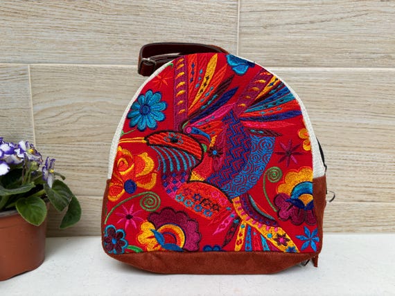 Handmade Embroidered Floral Mini Backpack Mexican Boho Canvas Leather Bag Embroidered Backpack - Mini Backpack- Backpack - Purse  main image 4