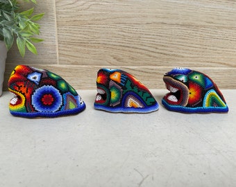 Beaded Jaguar Head Huichol Indigenous Art Silver & Black