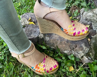 Handmade Leather Huarache Wedge Sandals: Colorful Mexican Platform Heels