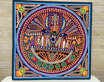 ウイチョル族の糸絵 24 x 24 インチ (60 x 60 センチ)、メキシコ