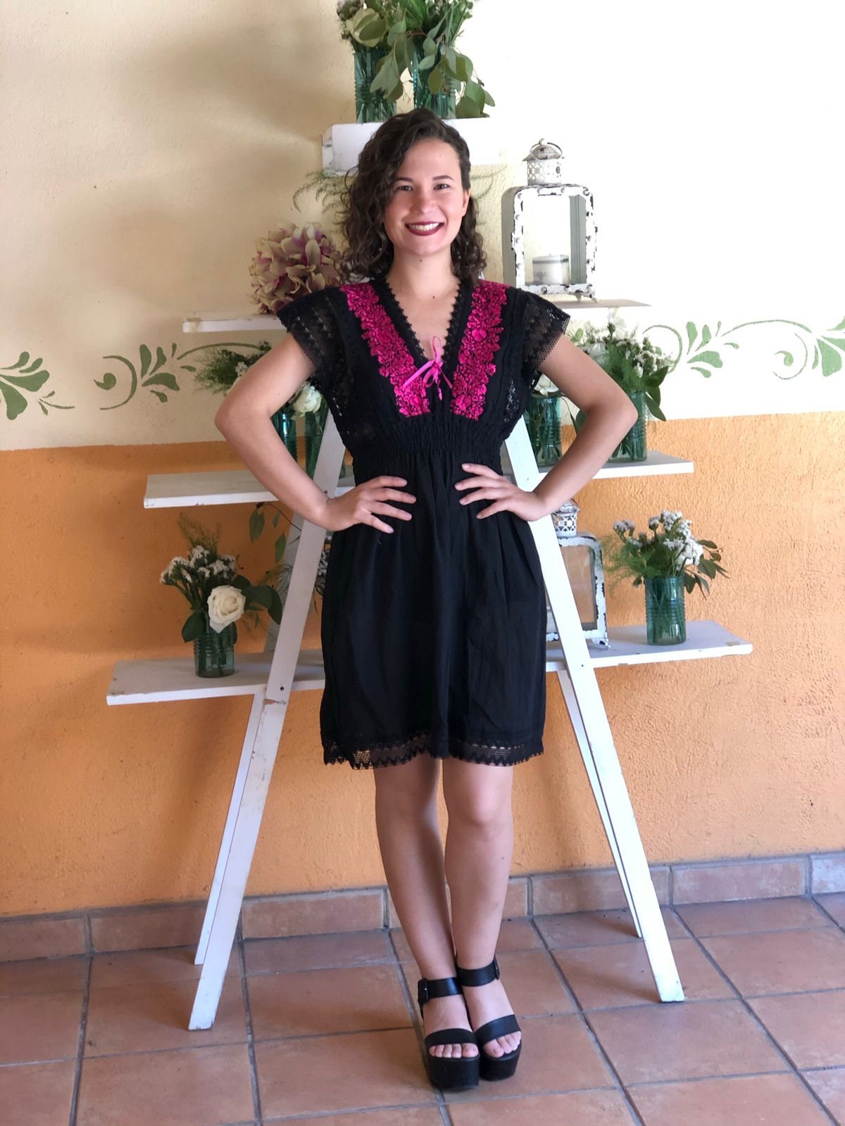 Hand Embroidered Mexican Mini Dress: Floral Ethnic Lace Dress