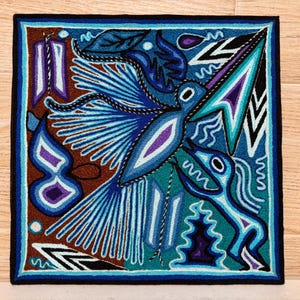 Huichol yarn painting 12 X 12 inches (30 X 30 cms), Huichol Thread Painting - Handmade Mexican Art with a Detailed History.