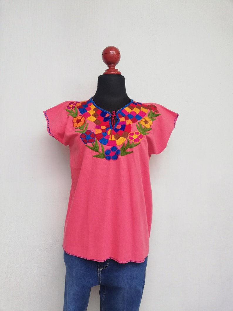 multicolored floral emboidery mexican huipil. Traditional mexican hand embroidered blouse ethnic blose