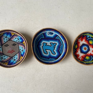 Pumpkin bowl lined with beads, Huichol bowl, Mexican decoration, beaded jicara, Mexican folk art.