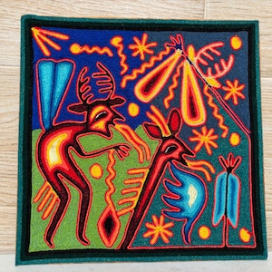 Huichol yarn painting 12 X 12 inches (30 X 30 cms), Huichol Thread Painting - Handmade Mexican Art with a Detailed History.