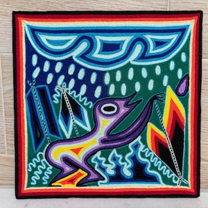 Huichol yarn painting 12 X 12 inches (30 X 30 cms), Huichol Thread Painting - Handmade Mexican Art with a Detailed History.