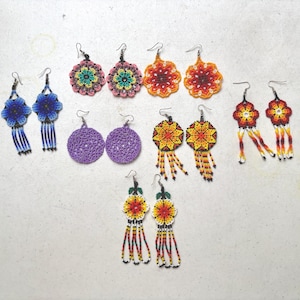 Colorful Handmade Huichol Beaded Earrings, Mexican indigenous jewelry, Frida style, Festival Accessories-