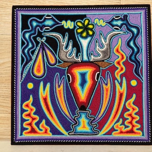 Huichol yarn painting 12 X 12 inches (30 X 30 cms), Huichol Thread Painting - Handmade Mexican Art with a Detailed History.