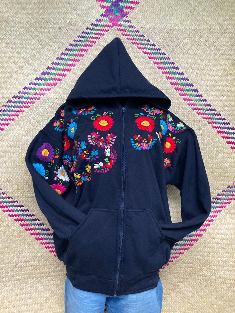 Hoodie With Floral Embroidery, Zipper Sweatshirt, Mexican