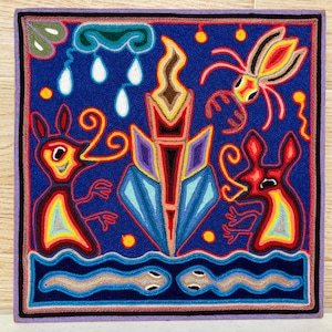 Huichol yarn painting 12 X 12 inches (30 X 30 cms), Huichol Thread Painting - Handmade Mexican Art with a Detailed History.