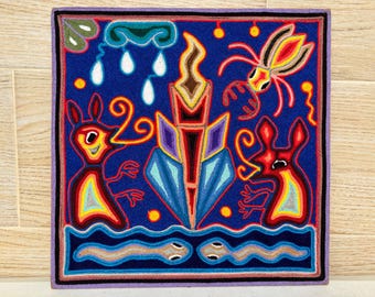 Huichol Yarn Painting: Handmade Mexican Folk Art (12x12 inches)