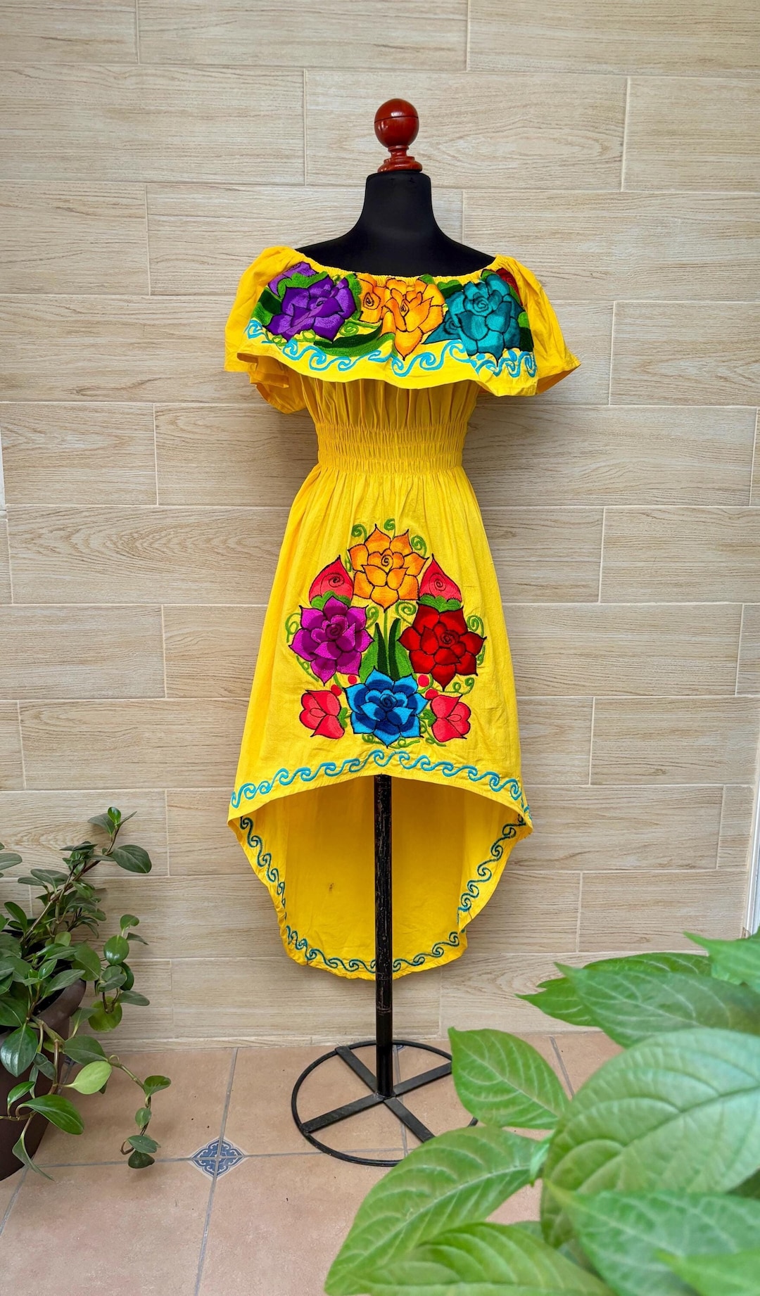 Vestido Campesino Vestido Mexicano Amarillo Vestido Bordado Floral