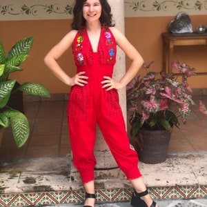 Handmade Mexican Embroidered Jumper, Sleeveless cotton romper with Floral Details.