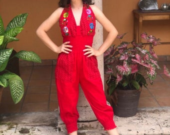 Handmade Mexican Embroidered Jumper, Sleeveless cotton romper with Floral Details.