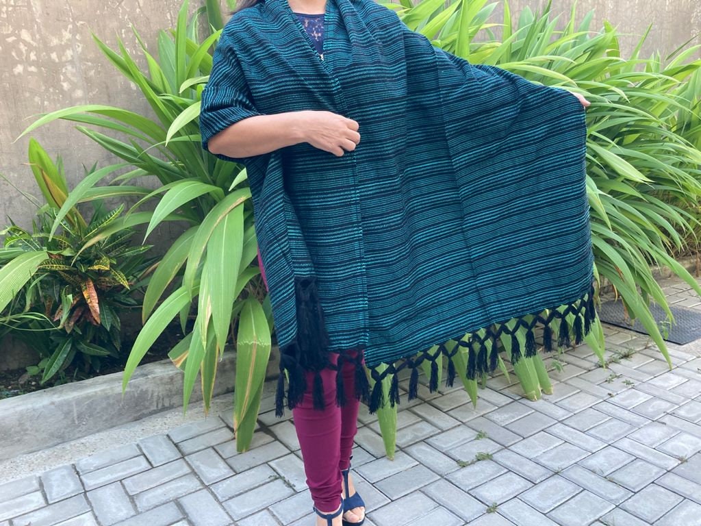 Châle Rebozo Mexicain - Vert Émeraude Et Beige, Coton, Franges, Multifonction (Écharpe, Enveloppe)
