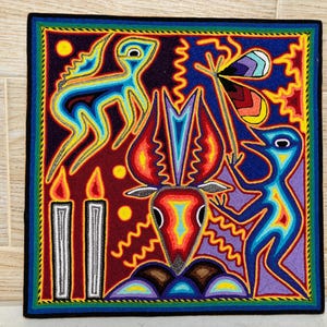 Huichol yarn painting 12 X 12 inches (30 X 30 cms), Huichol Thread Painting - Handmade Mexican Art with a Detailed History.