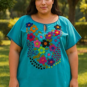Plus Size Hand Embroidered Mexican Blouse: Floral Huipil