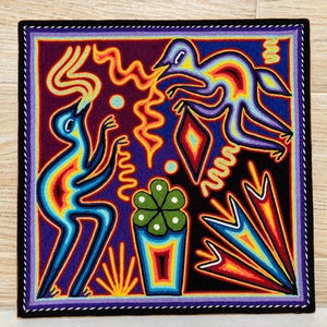 Huichol yarn painting 12 X 12 inches (30 X 30 cms), Huichol Thread Painting - Handmade Mexican Art with a Detailed History.