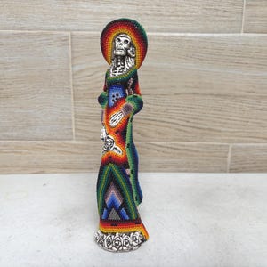 Handmade Huichol Beaded Skeleton Catrina, Mexican Folk Art Day of the Dead Figurine.