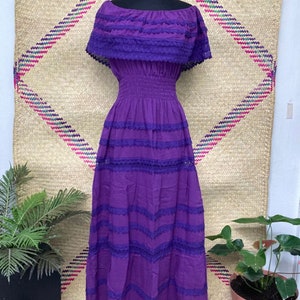 Traditional Mexican long dress, Mexican long dress, peasant dress, strapless dress, ethnic dress. Morado