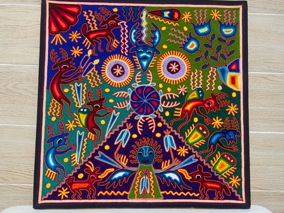 ウイチョル族の糸絵 24 x 24 インチ (60 x 60 センチ)、メキシコ