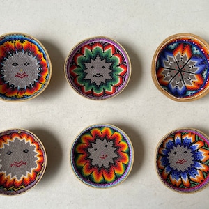 Pumpkin bowl lined with beads, Huichol bowl, Mexican decoration, beaded jicara, Mexican folk art.