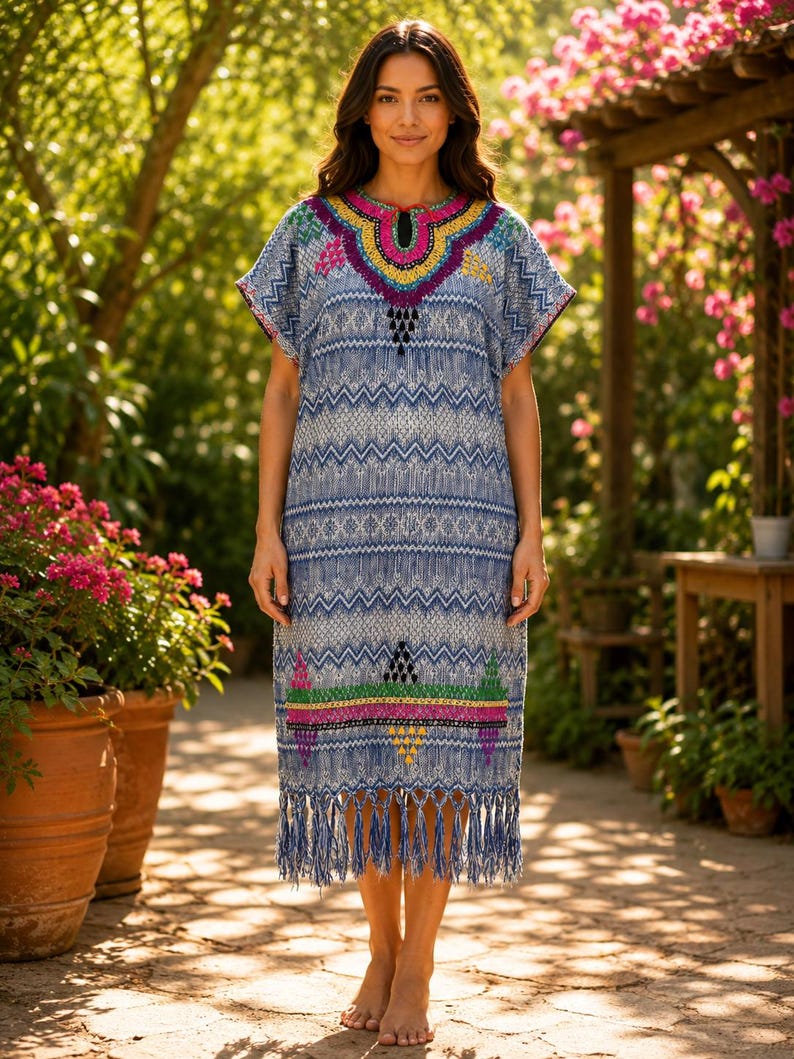 May include: A light blue, knee-length dress with short sleeves and a decorative neckline. The dress features a geometric pattern and colorful embroidery in pink, yellow, and green. The hemline has a fringe detail. The dress is worn outdoors.