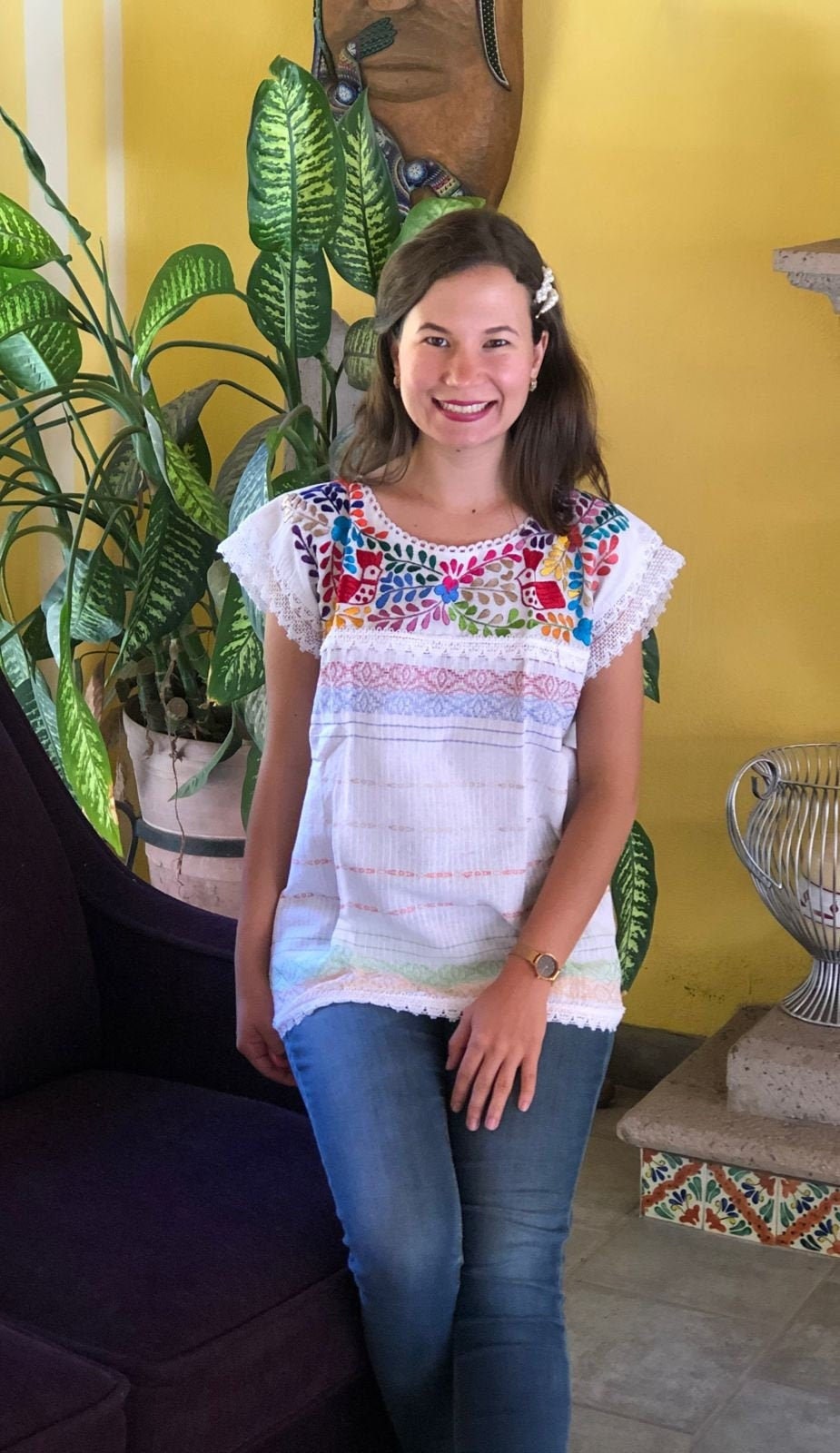 Blouse Brodée Main Fleurs Violettes 5 De Mayo - Taille L - Faite Par Des Femmes Autochtones De Oaxaca