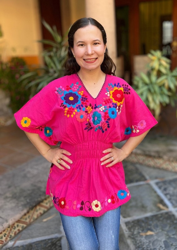 Boho Mexican Embroidered Shirt For Women – Floral 3/4 Sleeve Peasant Blouse, Loose Fit Summer Tunic, Rayon Top
