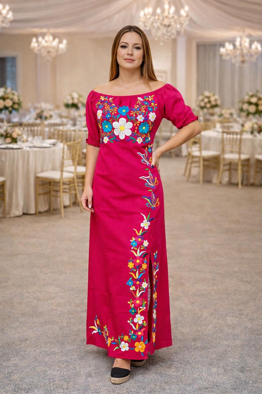 floral embroidered mexican dress Embroidered Mexican Quinceanera Dress