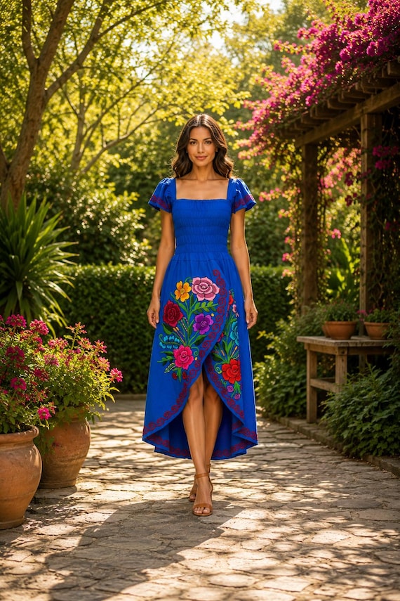 elegant mexican embroidered dress Irene Floral Embroidered Mexican Dress- Vestido Mexicano Bordado