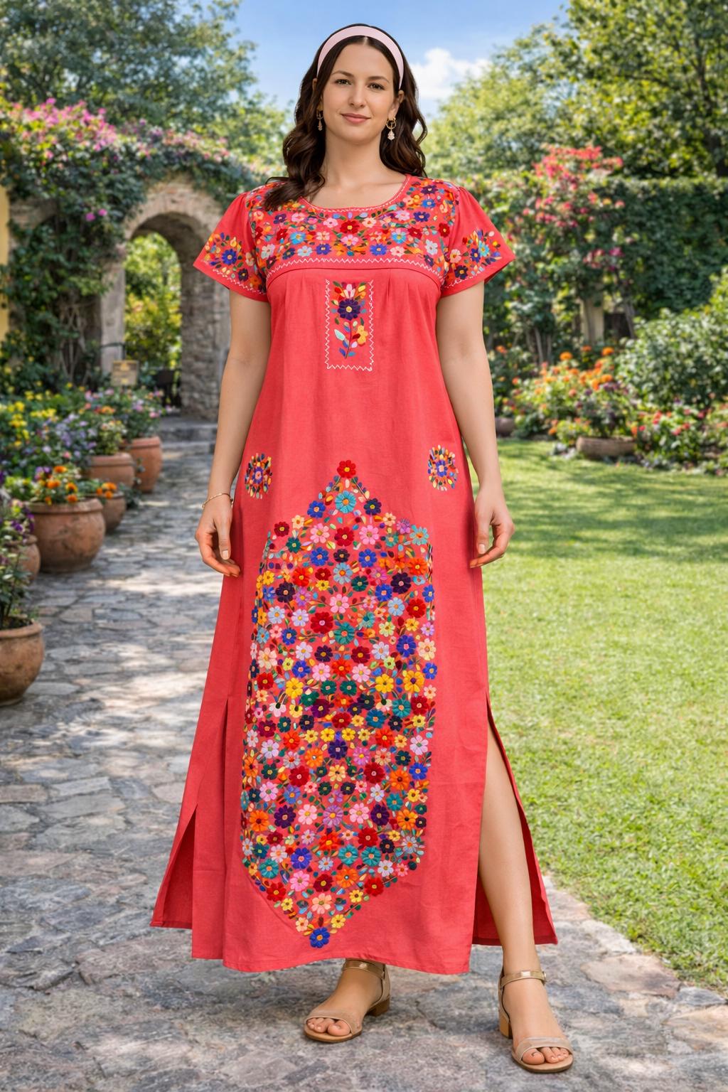 Handmade Embroidered Maxi Dress: Mexican Floral Boho Cotton Handmade Embroidered Maxi Dress: Mexican Floral Boho Cotton