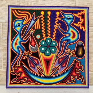 Huichol yarn painting 12 X 12 inches (30 X 30 cms), Huichol Thread Painting - Handmade Mexican Art with a Detailed History.