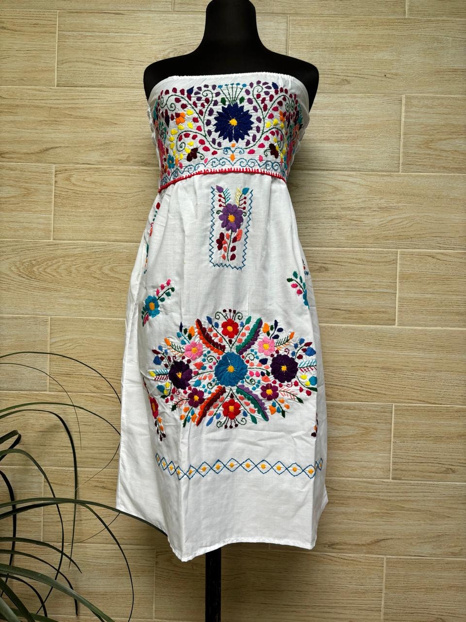 Hand Embroidered Strapless Mexican Dress: Floral Ethnic Gown