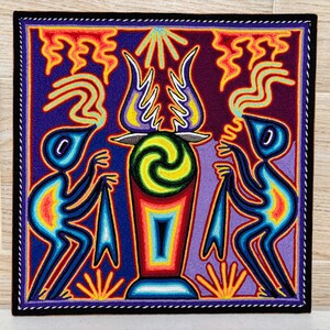 Huichol yarn painting 12 X 12 inches (30 X 30 cms), Huichol Thread Painting - Handmade Mexican Art with a Detailed History.