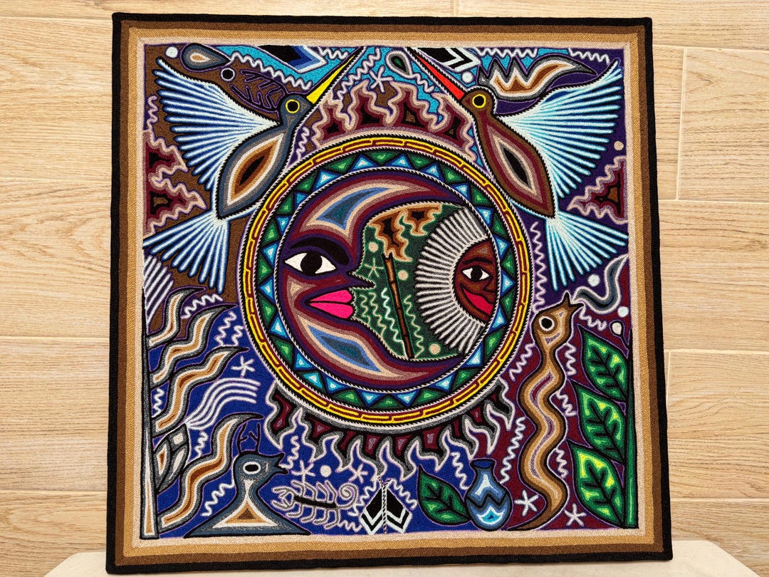 メキシコ絵画 ウイチョル族の糸絵 24 x 24 インチ (60 x 60 センチ)、メキシコ