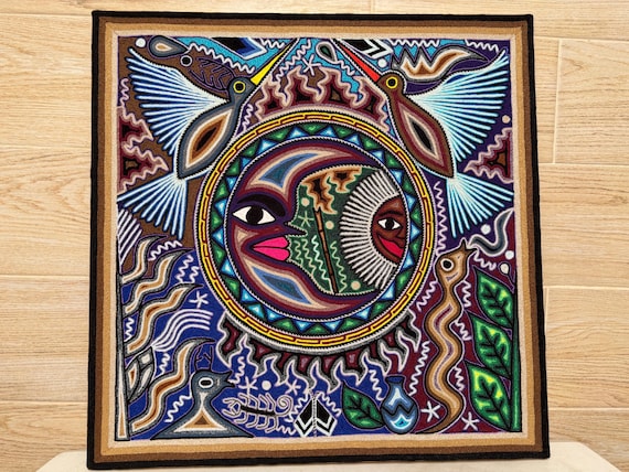 メキシコ絵画 メキシコ ウイチョル族の糸絵 47.24インチ x 23.62インチ