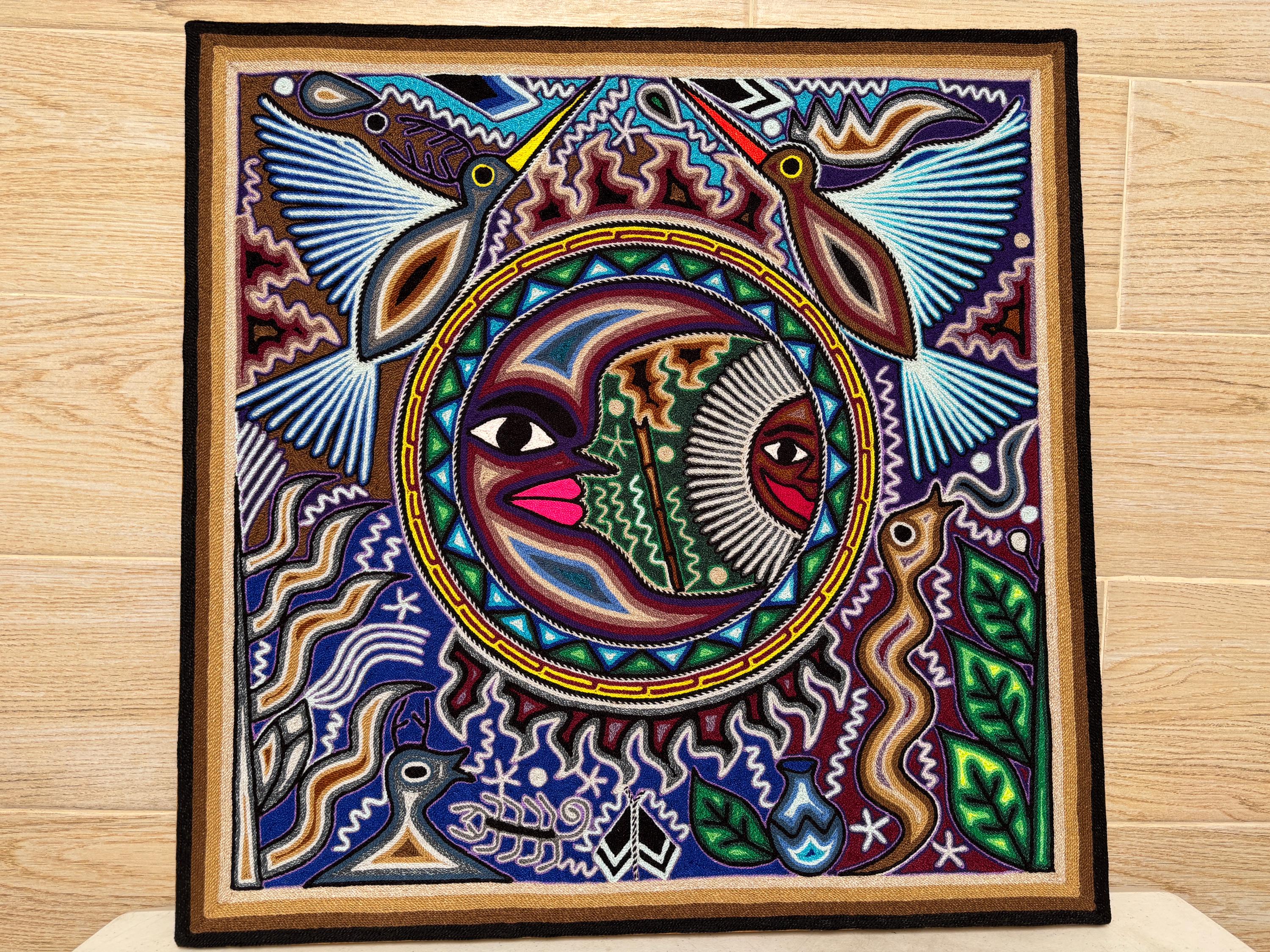 ウイチョル族の糸絵 24 x 24 インチ (60 x 60 センチ)、メキシコ